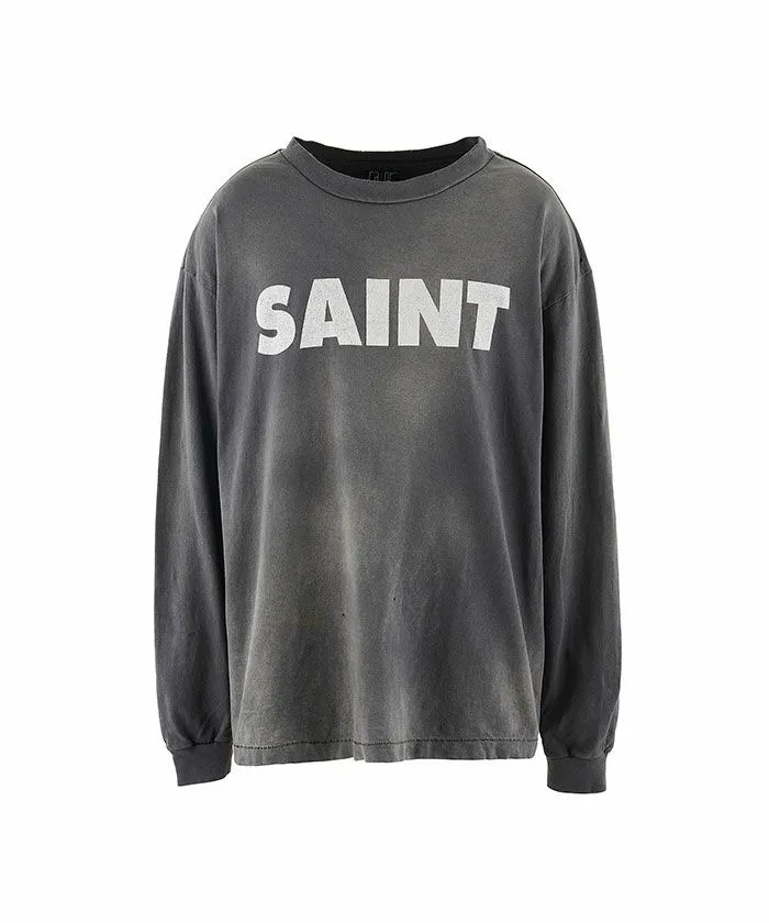 SAINT Mxxxxxx S>N>T LS TEE/BLACK Autumn and winter new style S>N>T slogan crack printed long TEE, washed black S-XL Asut ready-made garments dyed, the whole piece sprayed with horse-hair spray, and then sprayed again to fade the color. The collar and cuffs are frayed. Many hangings are worn NEW VINTAGE. Heavy craftsmanship.